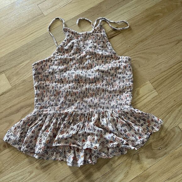 Patrons Of Peace Med Pink Floral Halter Tank Top Ruffle‎ Smocked Stretch Boho - Picture 3 of 9